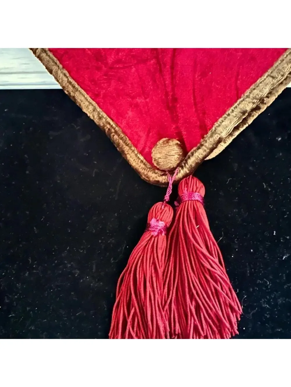 Vintage flocked velvet burgundy table runner with border with tassel